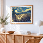 Cosy cat sleeping under a starry night paint by numbers artwork displayed on wall as home decor