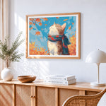Cosy cat with a scarf in autumn leaves cross stitch artwork displayed on wall as home decor