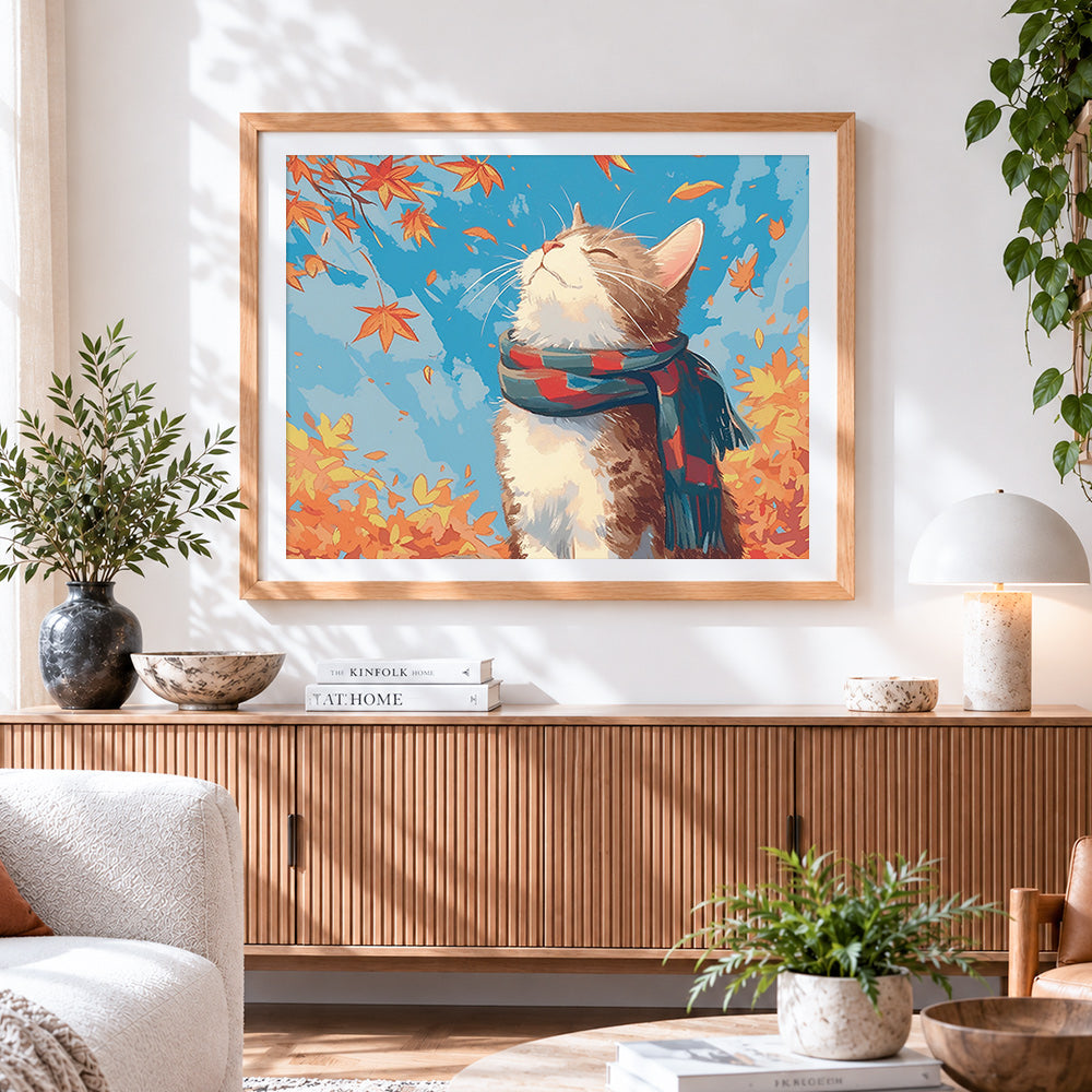Finished cosy cat with a scarf in autumn leaves paint by numbers artwork displayed as home decor