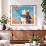 Finished cosy cat with a scarf in autumn leaves paint by numbers artwork displayed as home decor
