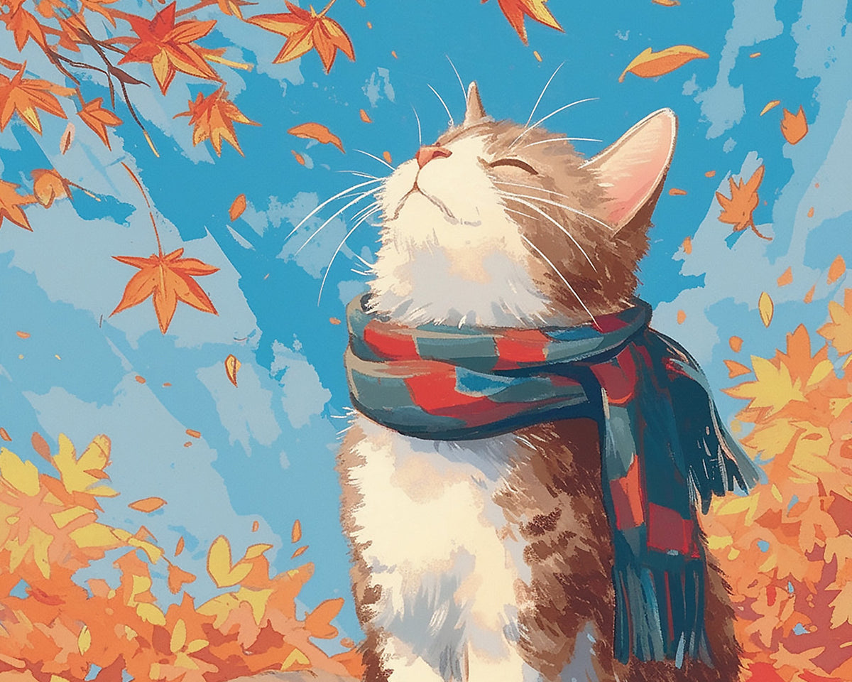Cosy cat with a scarf in autumn leaves paint by numbers kit for beginners