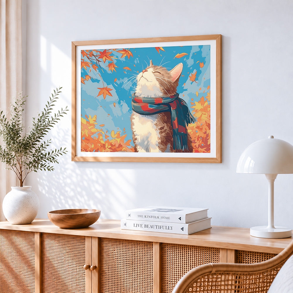 Cosy cat with a scarf in autumn leaves paint by numbers artwork displayed on wall as home decor