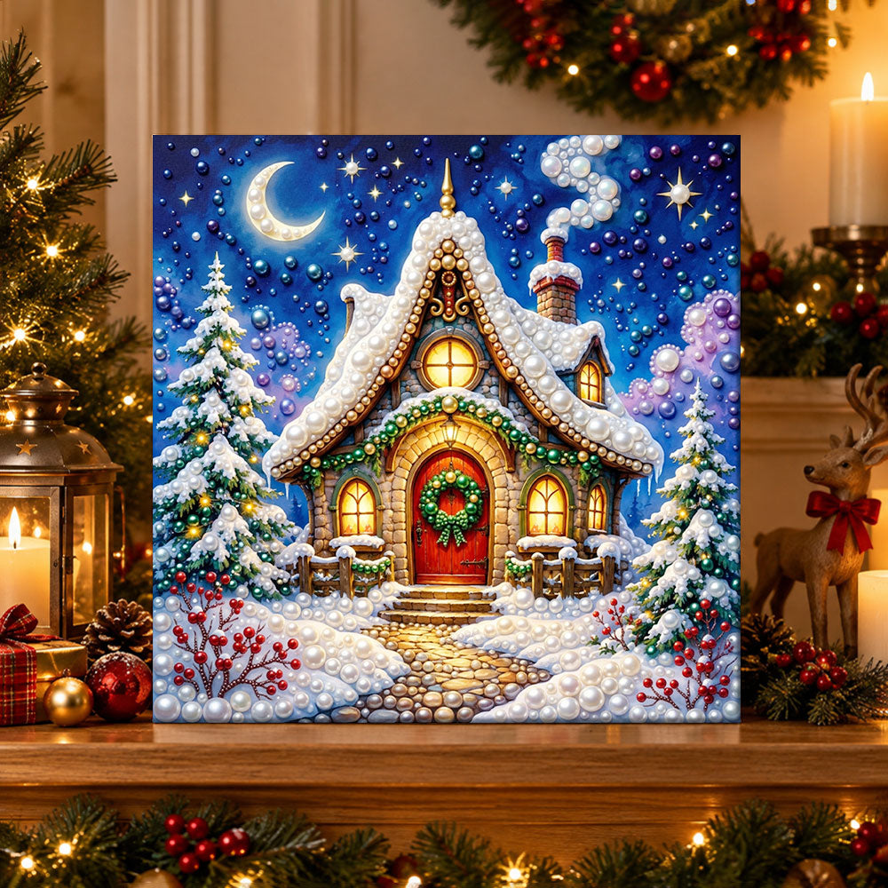 Finished cosy christmas cottage at night pearl diamond painting artwork displayed as holiday home decor