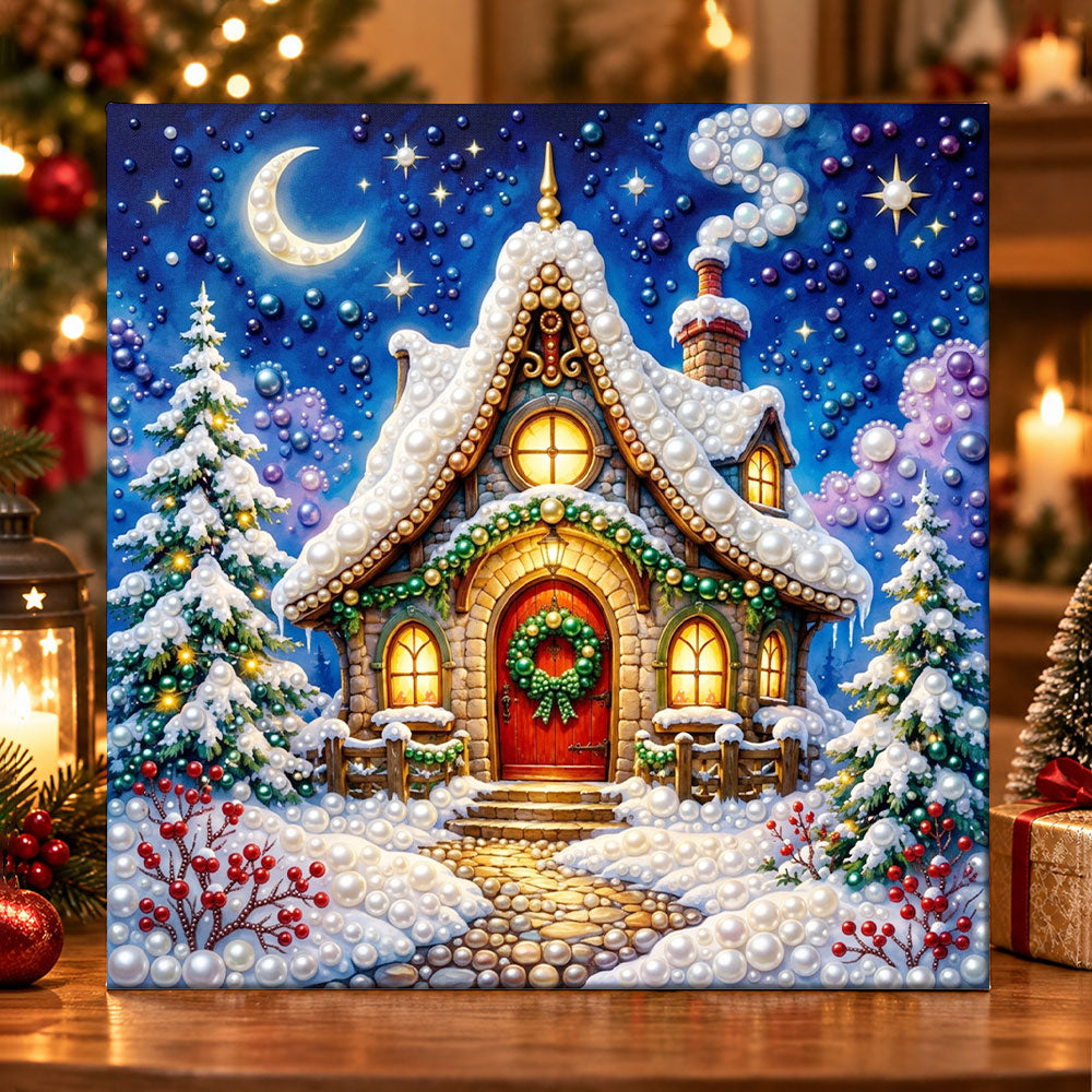 Cosy christmas cottage at night pearl diamond painting kit for beginners