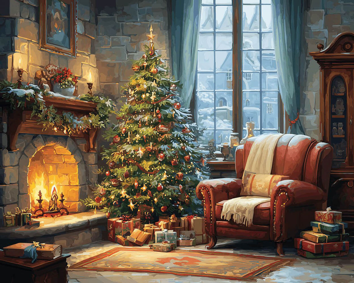 Cosy christmas fireplace and tree cross stitch kit for beginners