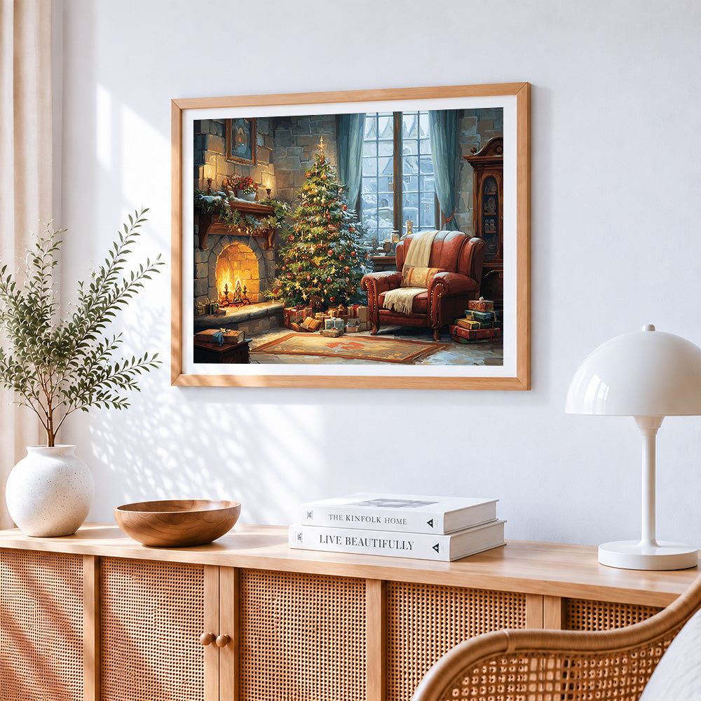 Cosy christmas fireplace and tree cross stitch artwork displayed on wall as home decor