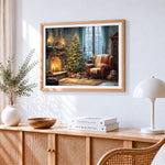 Cosy christmas fireplace and tree cross stitch artwork displayed on wall as home decor