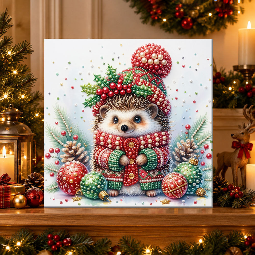 Finished cosy christmas hedgehog pearl diamond painting artwork displayed as holiday home decor