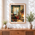 Finished cosy christmas living room with fireplace cross stitch artwork displayed