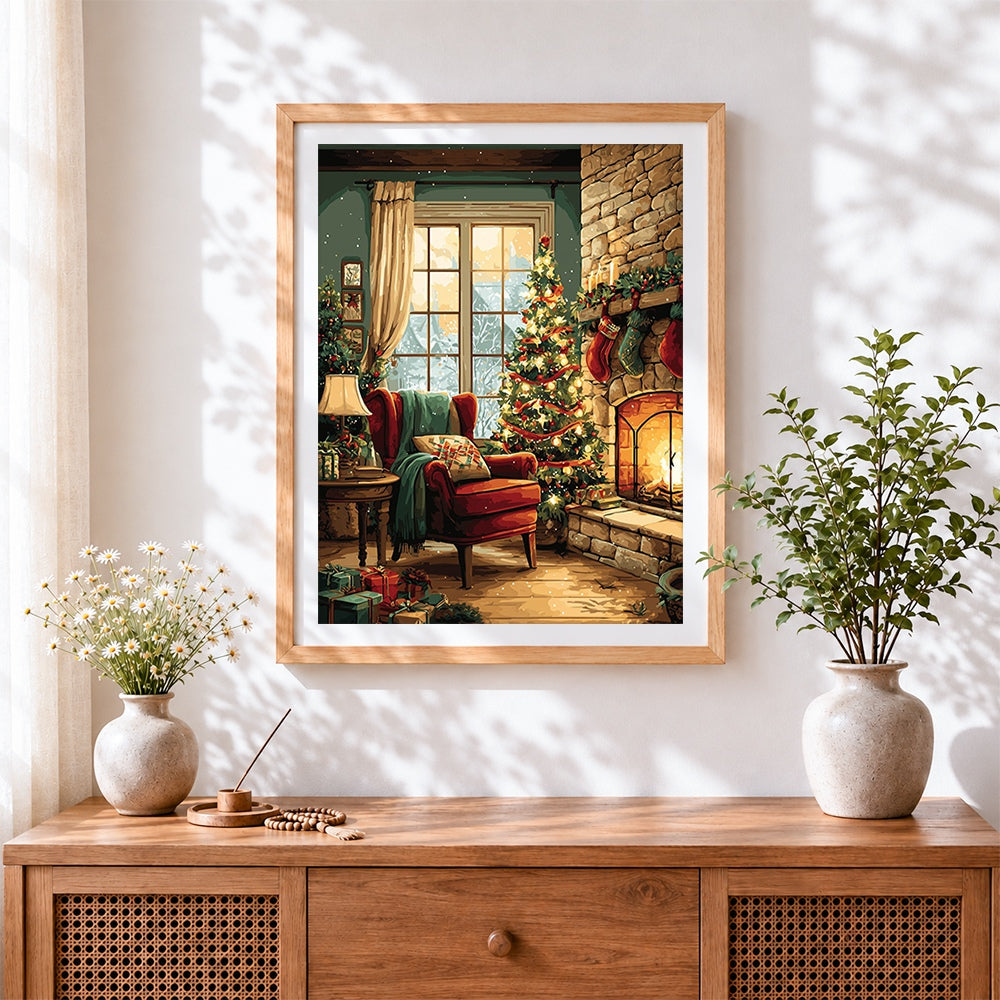 Finished cosy christmas living room with fireplace cross stitch artwork displayed