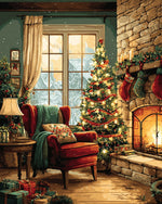 Cosy christmas living room with fireplace cross stitch kit for beginners
