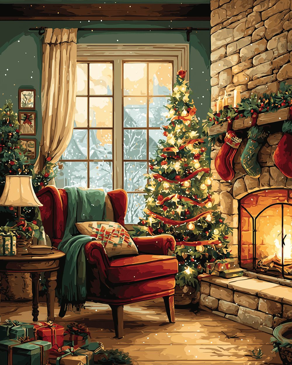 Cosy christmas living room with fireplace cross stitch kit for beginners