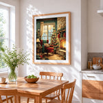 Cosy christmas living room with fireplace cross stitch artwork displayed on wall as home decor
