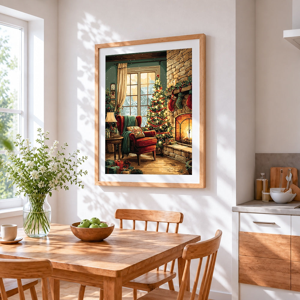 Cosy christmas living room with fireplace cross stitch artwork displayed on wall as home decor