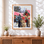 Finished cosy christmas market scene cross stitch artwork displayed