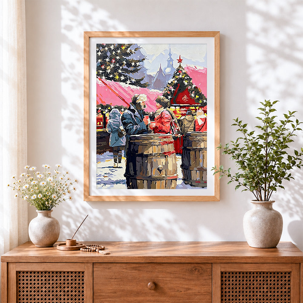 Finished cosy christmas market scene cross stitch artwork displayed