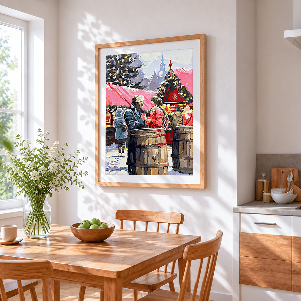 Cosy christmas market scene cross stitch artwork displayed on wall as home decor