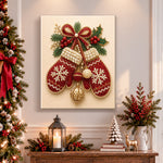 Finished cosy christmas mittens pearl diamond painting artwork displayed as holiday home decor
