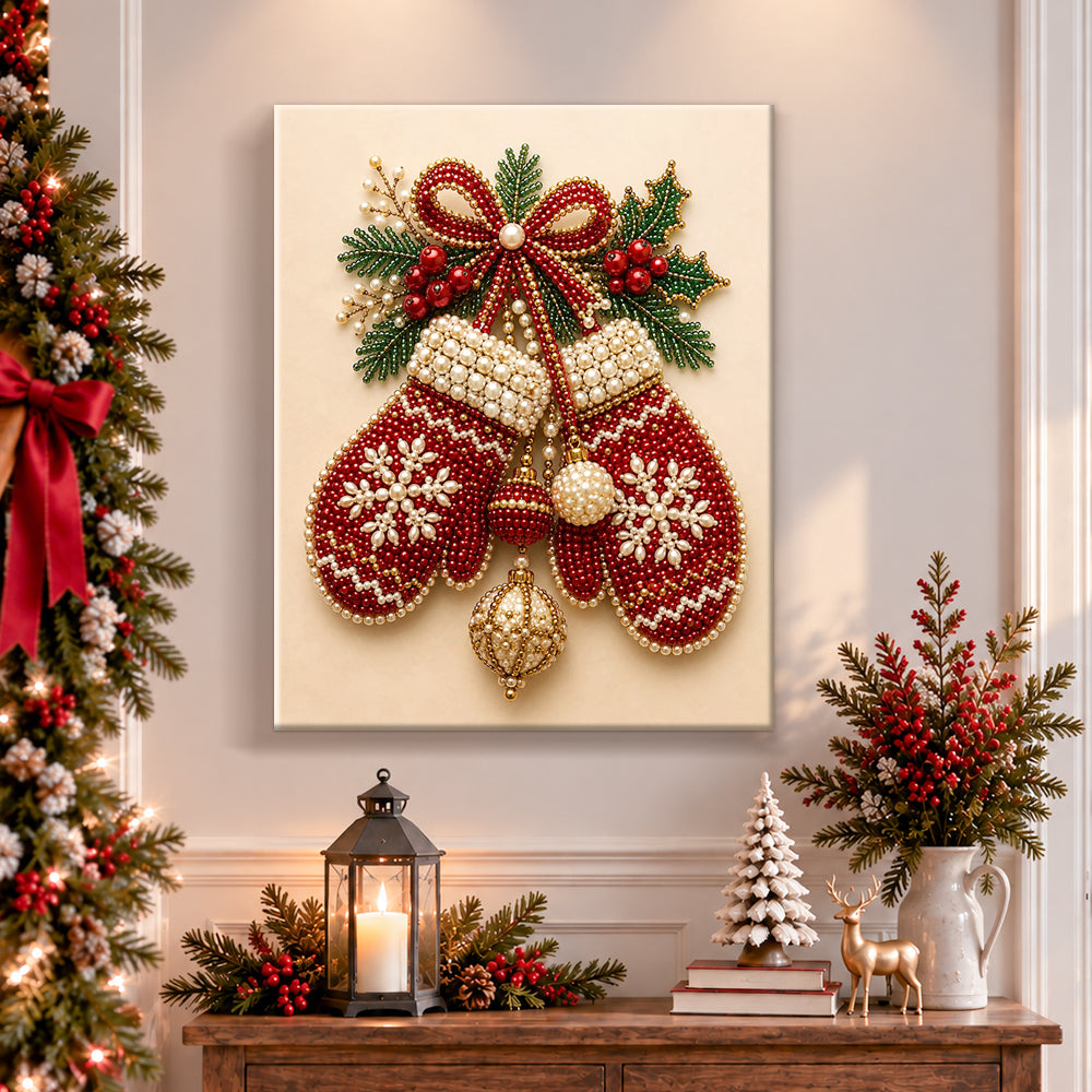 Finished cosy christmas mittens pearl diamond painting artwork displayed as holiday home decor