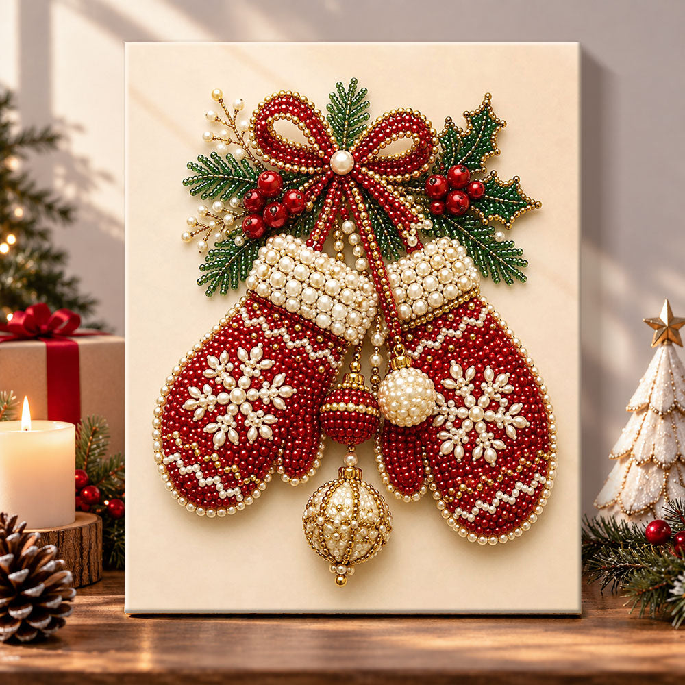 Cosy christmas mittens pearl diamond painting kit for beginners