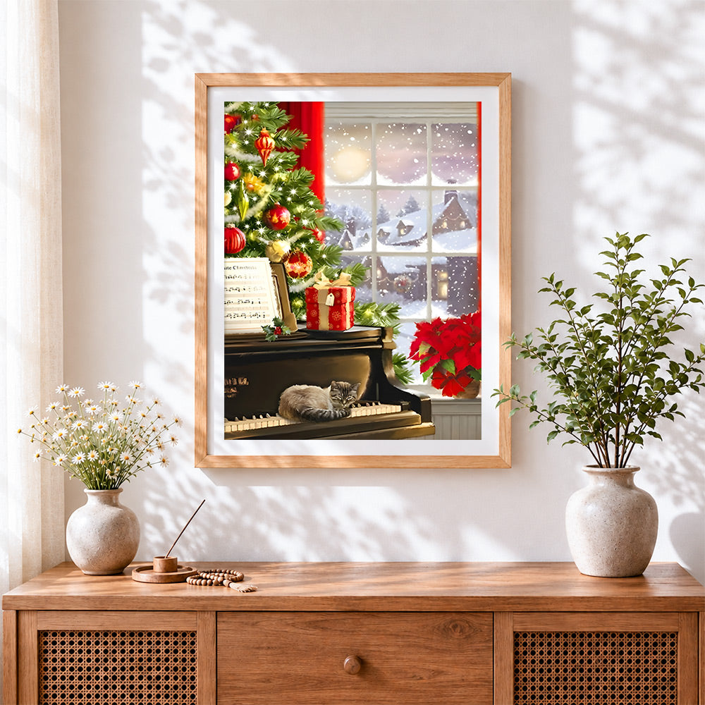 Finished cosy christmas piano cat cross stitch artwork displayed