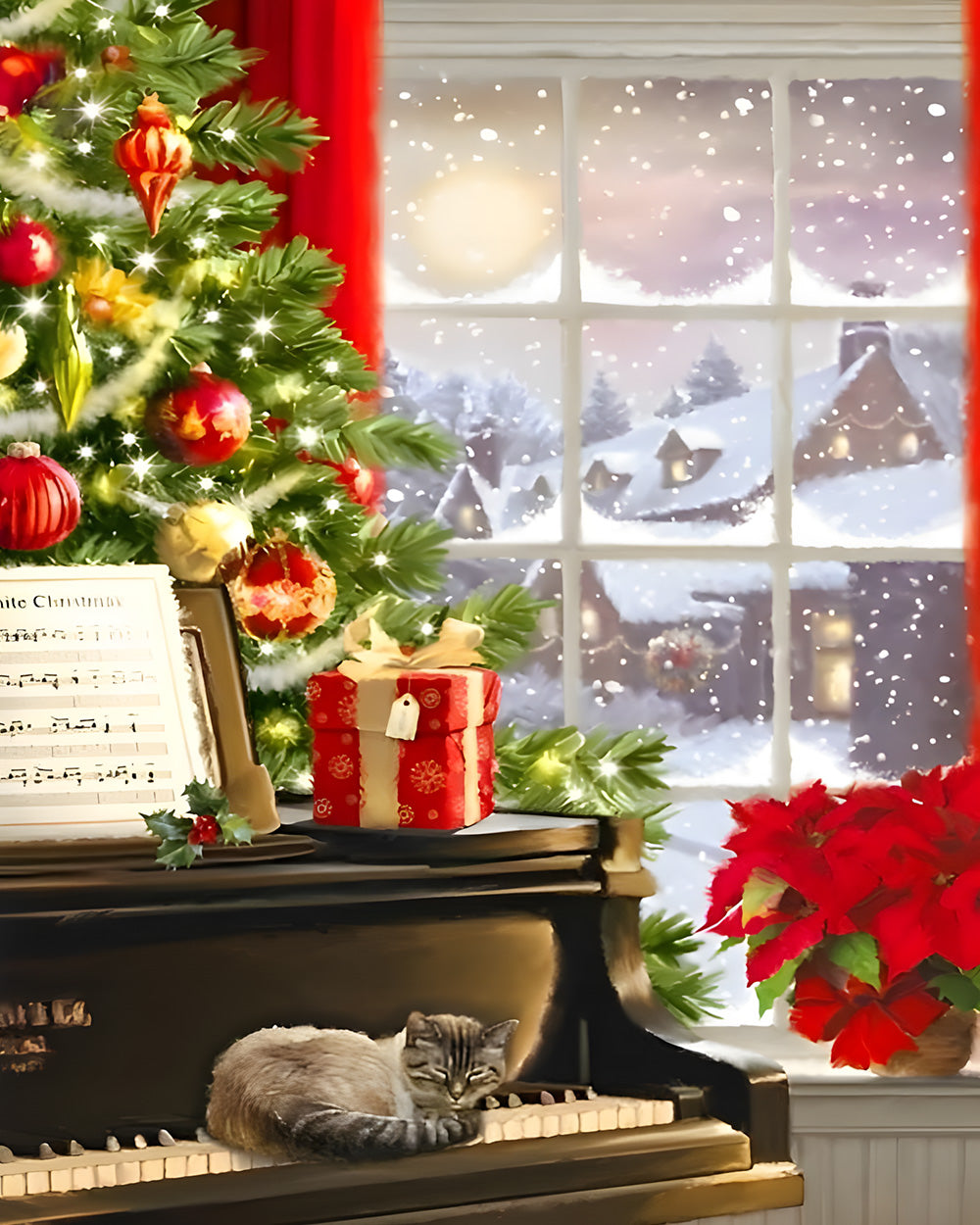 Cosy christmas piano cat cross stitch kit for beginners