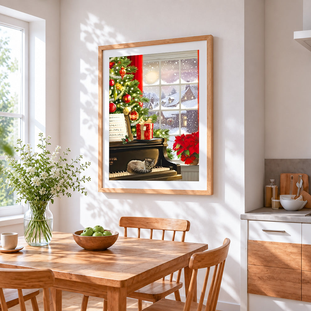 Cosy christmas piano cat cross stitch artwork displayed on wall as home decor
