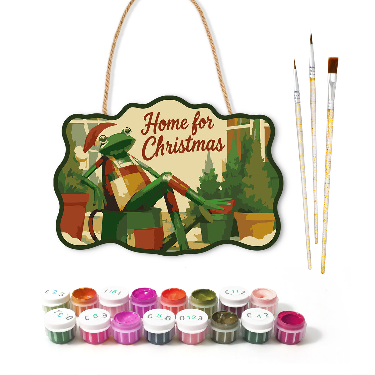 Cosy christmas retreat paint by numbers door hanger with paints and brushes