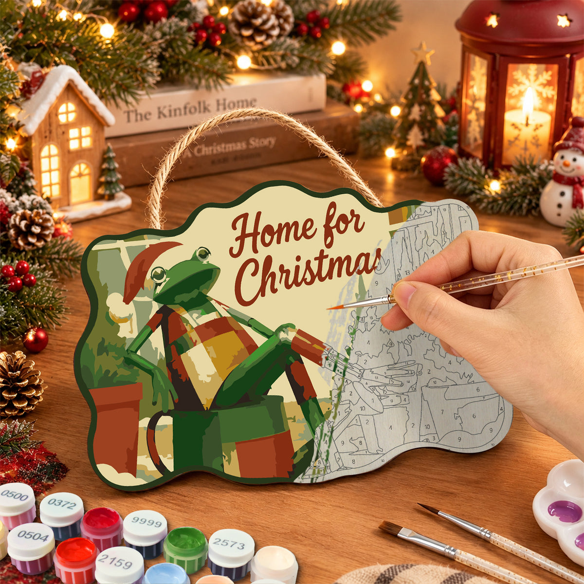 Cosy christmas retreat paint by numbers door hanger painting process