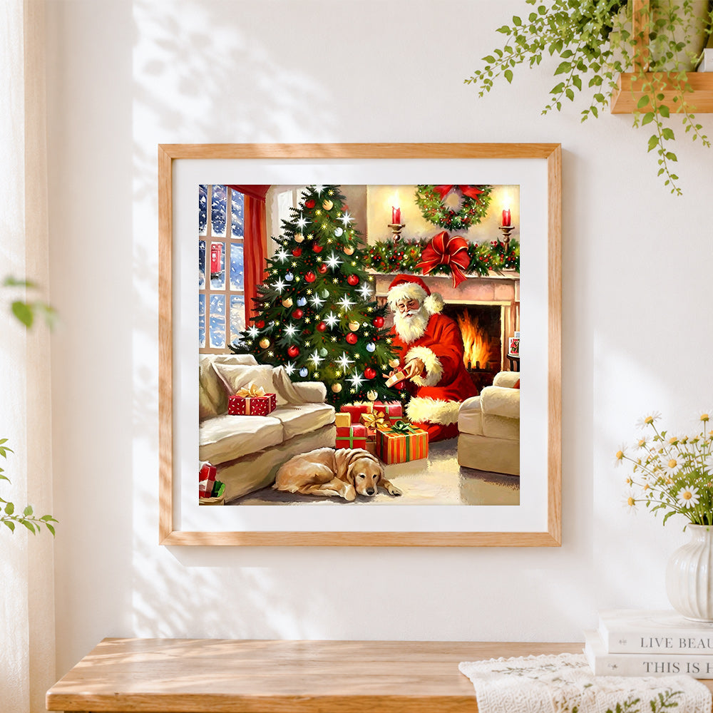 Finished cosy christmas scene with santa and dog cross stitch artwork displayed
