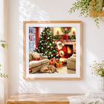 Finished cosy christmas scene with santa and dog cross stitch artwork displayed