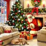 Cosy christmas scene with santa and dog cross stitch kit for beginners