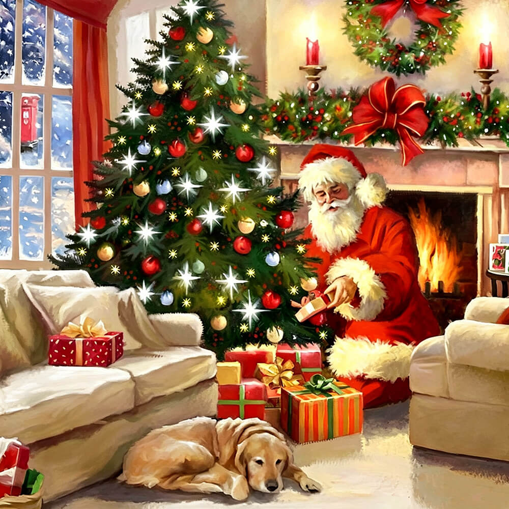 Cosy christmas scene with santa and dog cross stitch kit for beginners