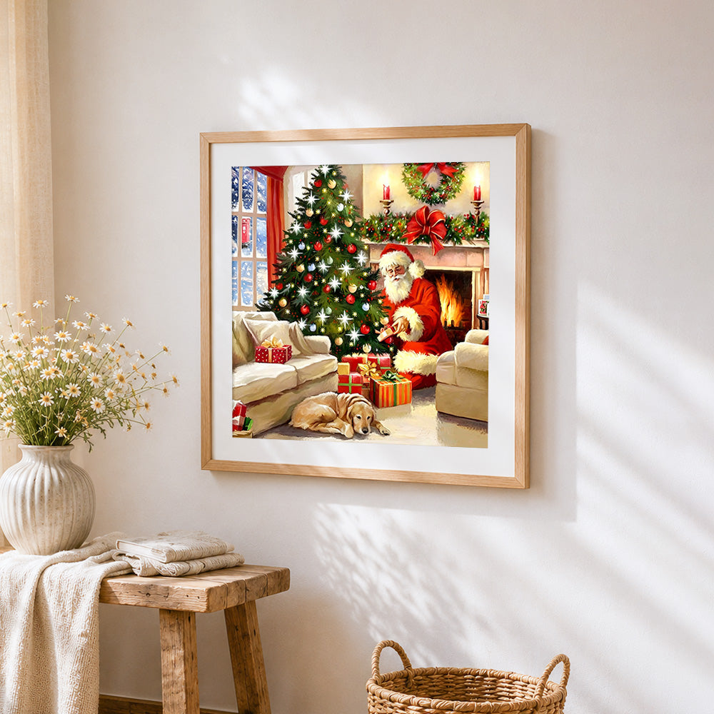 Cosy christmas scene with santa and dog cross stitch artwork displayed on wall as home decor