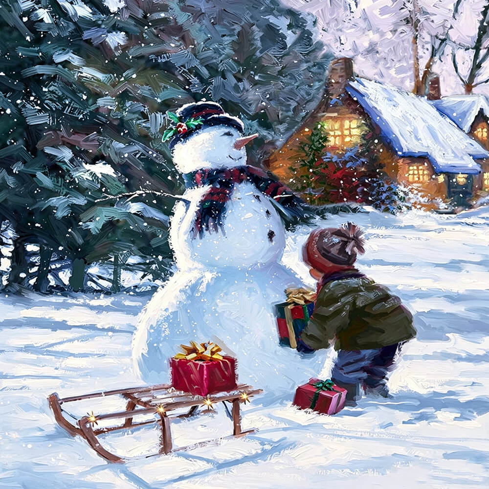 Cosy christmas snowman, child and gifts cross stitch kit for beginners