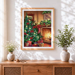 Finished cosy christmas tree and fireplace cross stitch artwork displayed