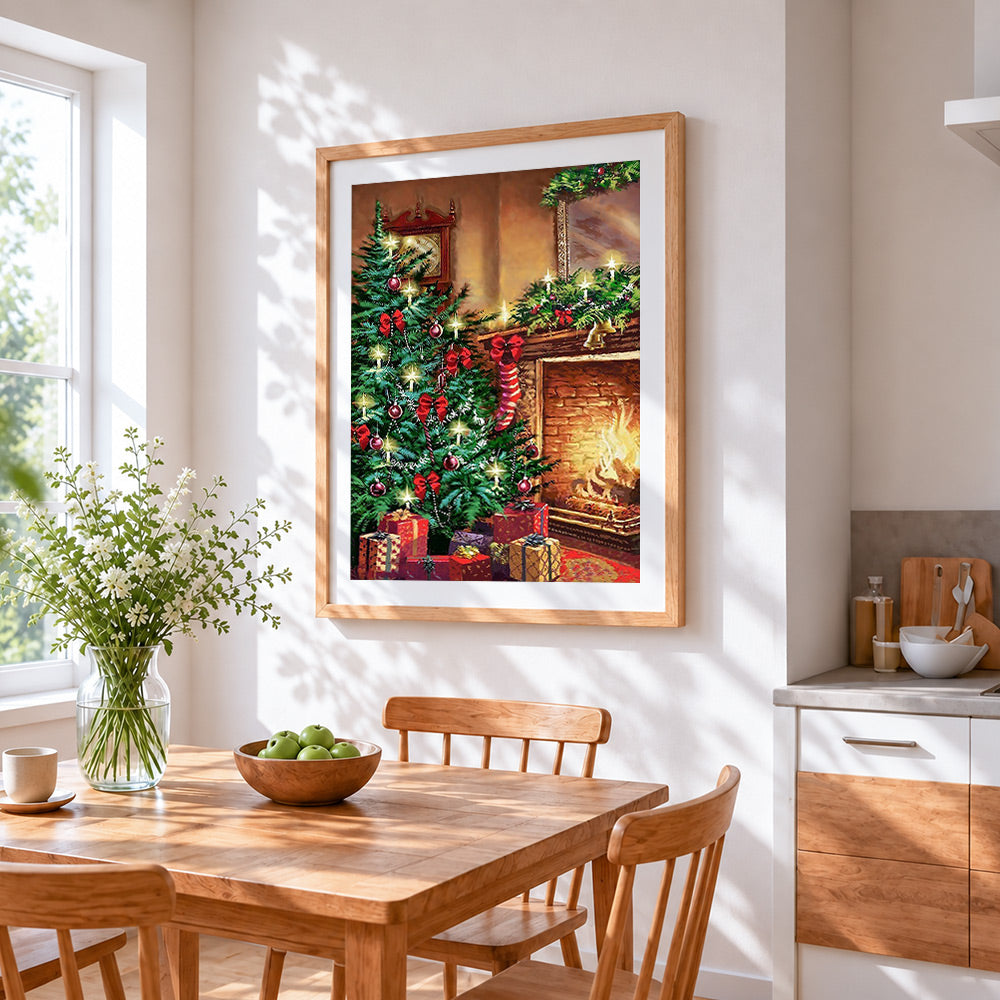 Cosy christmas tree and fireplace cross stitch artwork displayed on wall as home decor