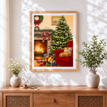 Finished cosy christmas tree and red armchair cross stitch artwork displayed