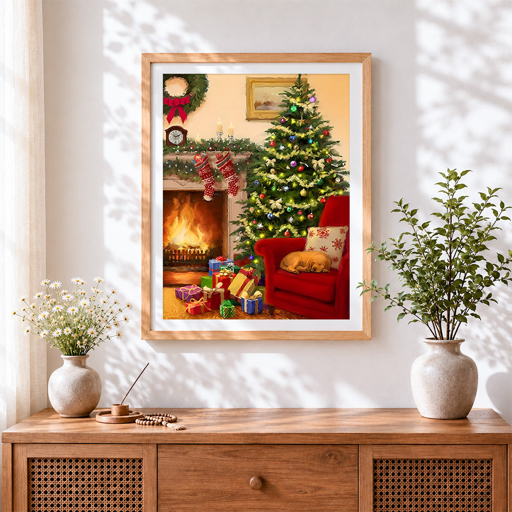 Finished cosy christmas tree and red armchair cross stitch artwork displayed