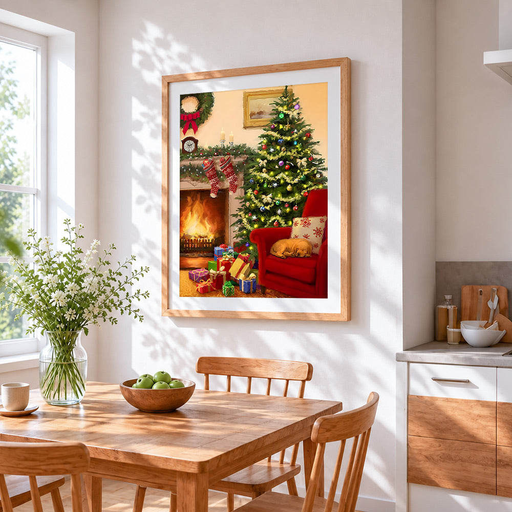 Cosy christmas tree and red armchair cross stitch artwork displayed on wall as home decor