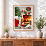 Finished cosy christmas tree, fireplace and sleeping puppy cross stitch artwork displayed