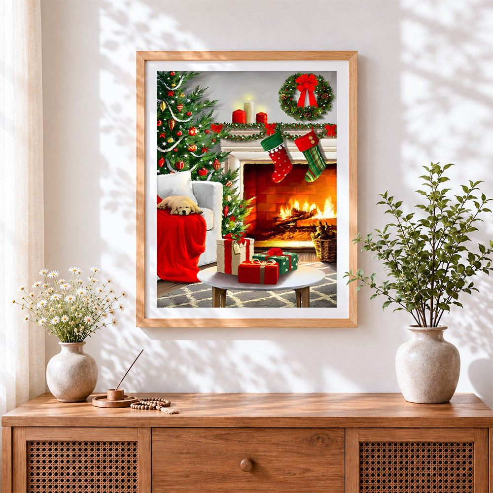 Finished cosy christmas tree, fireplace and sleeping puppy cross stitch artwork displayed