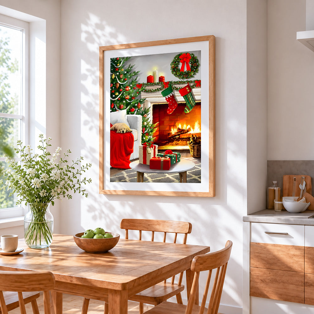 Cosy christmas tree, fireplace and sleeping puppy cross stitch artwork displayed on wall as home decor