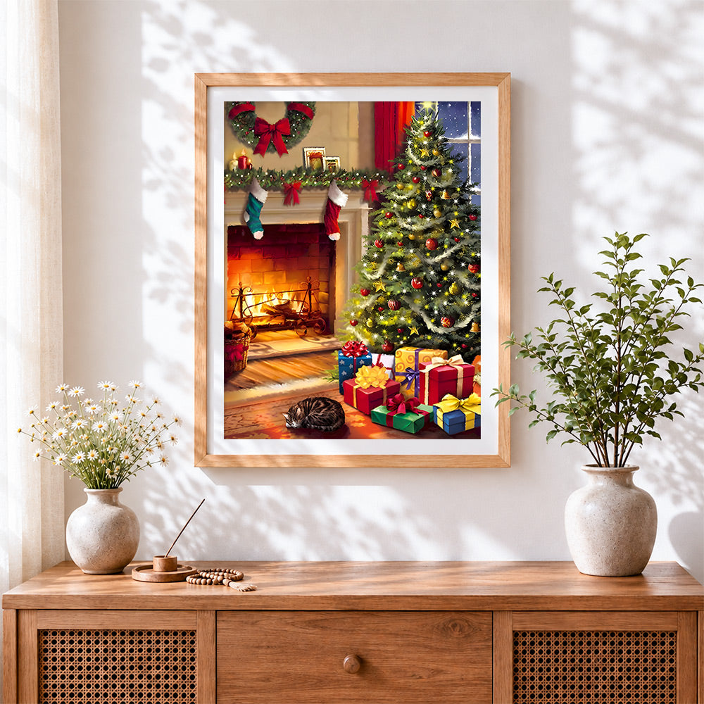 Finished cosy christmas tree with sleeping cat cross stitch artwork displayed