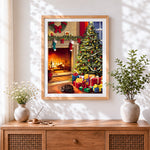 Finished cosy christmas tree with sleeping cat cross stitch artwork displayed