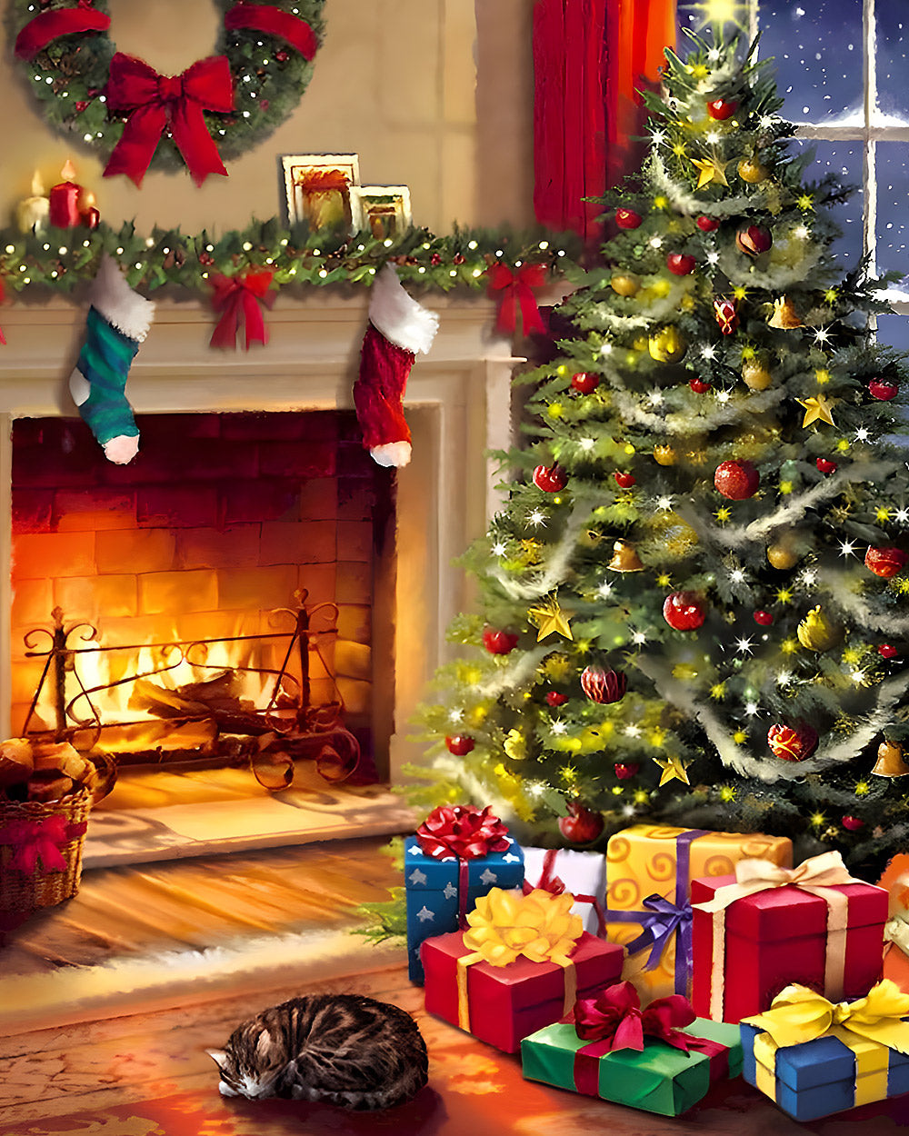Cosy christmas tree with sleeping cat cross stitch kit for beginners