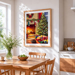 Cosy christmas tree with sleeping cat cross stitch artwork displayed on wall as home decor