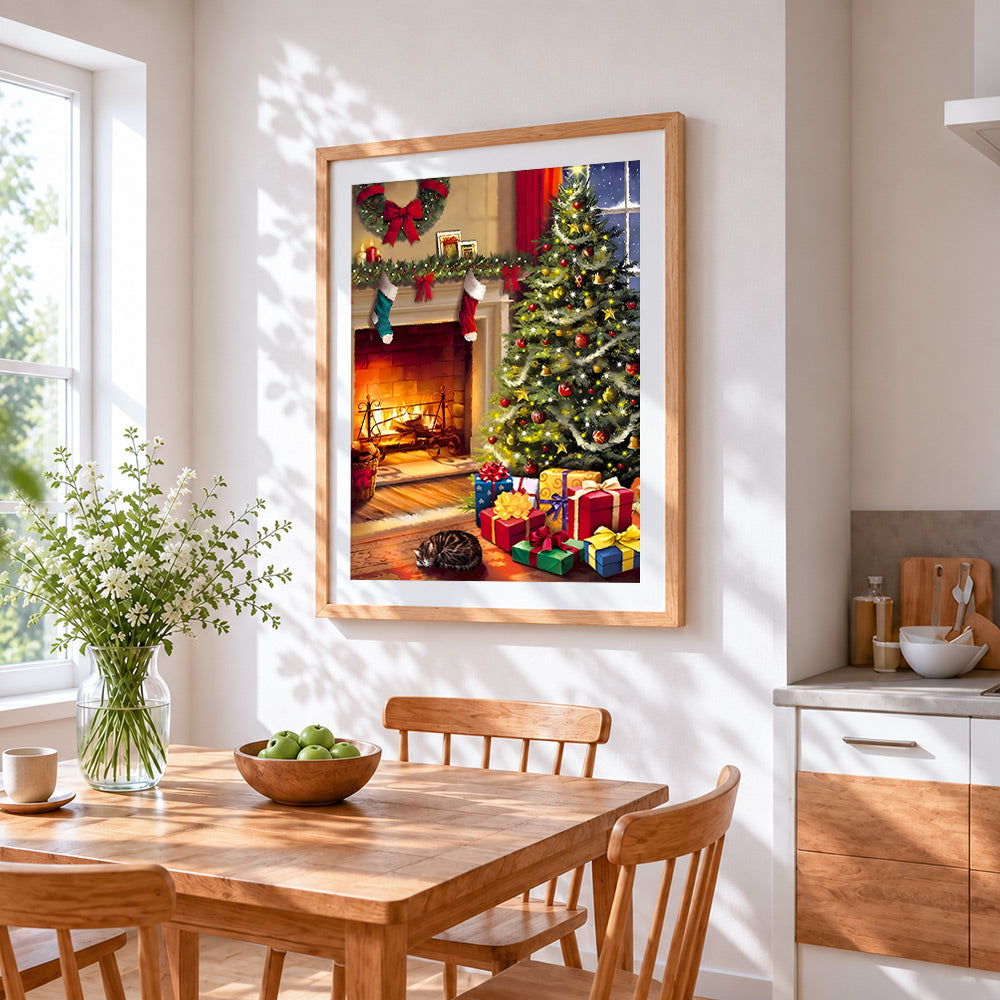 Cosy christmas tree with sleeping cat cross stitch artwork displayed on wall as home decor