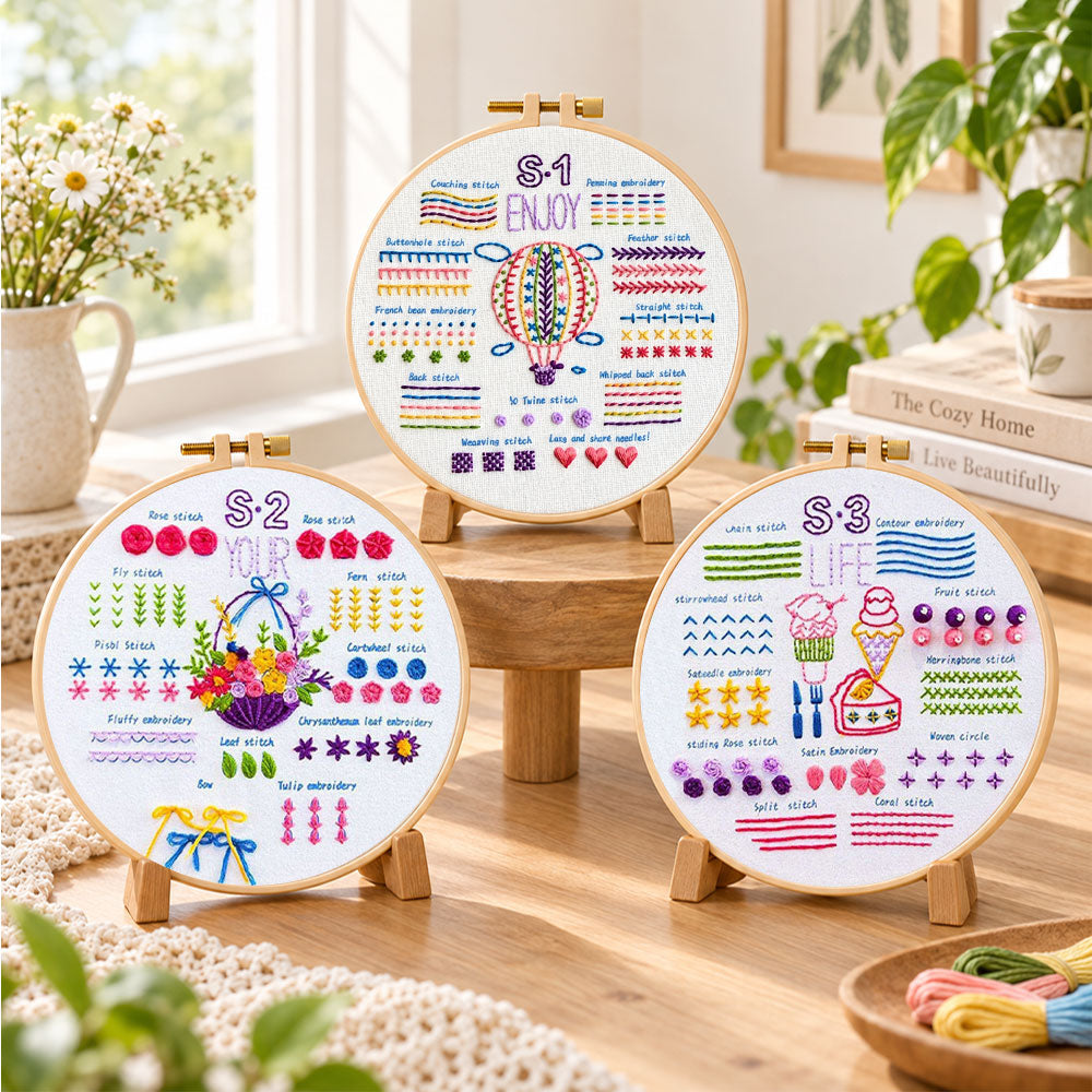 Cosy diy stitch project embroidery kit finished hoop displayed on a wooden stand as cosy tabletop decor