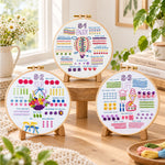 Cosy diy stitch project embroidery kit finished hoop displayed on a wooden stand as cosy tabletop decor